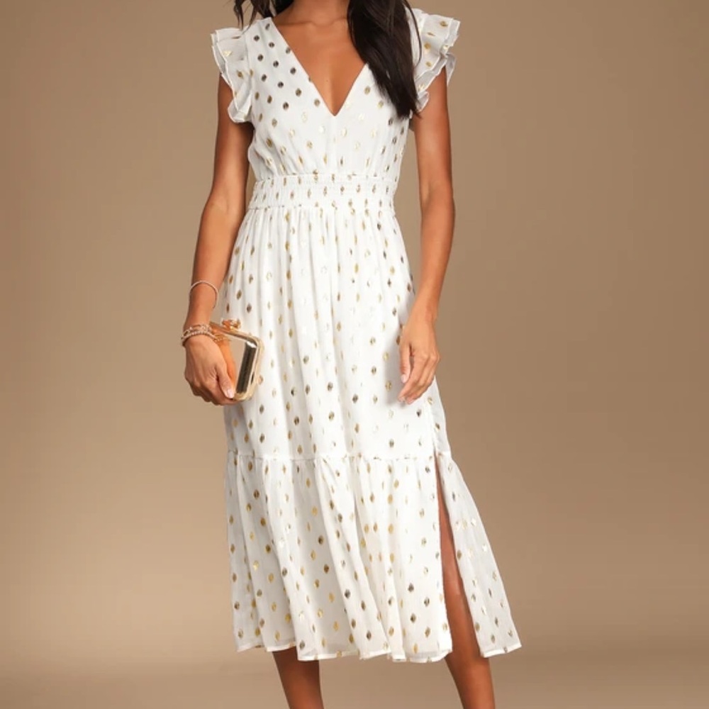 Lulu’s White and Gold Dot Ruffled Tiered Midi Dress